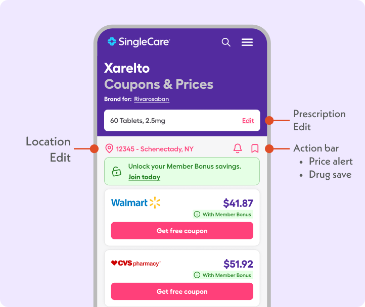 Before and after: SingleCare drug page with clearer prescription details and location framing (mobile web).