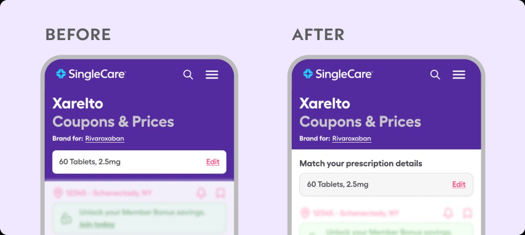 Mobile web: prescription row and location reframed with “Match your prescription details” and related UI.