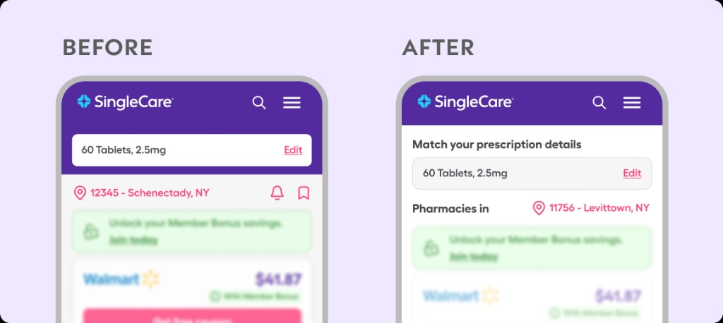 Before and after: location row updated to read as pharmacies in the member’s area.