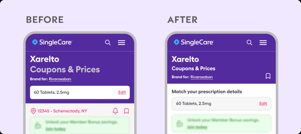 Before and after: drug save bookmark control moved into the purple header next to the drug name.