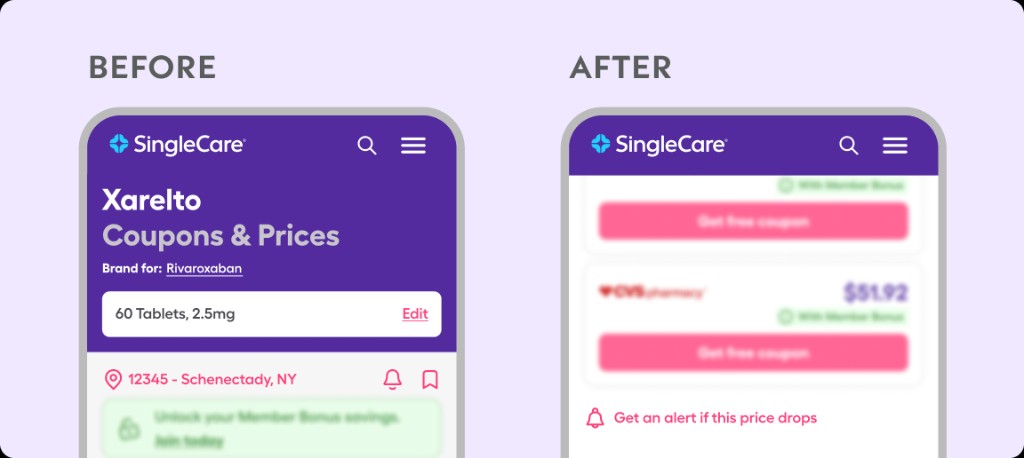Before and after: price list with alert affordance moved below pharmacy cards.